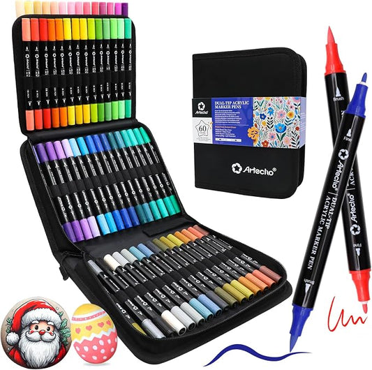 Artecho Acrylic Paint Markers 60 Colors with Bag（ Brush Tip and Fine Tip ） | Ideal for Rock Painting, Stone, Wood, Paper, Canvas, Ceramic, Glass, Fabric & DIY Crafts