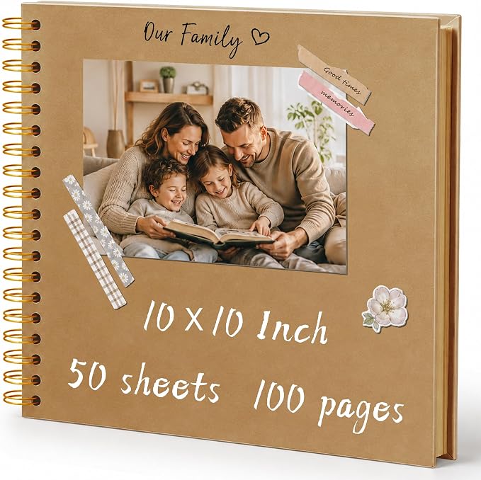 10x10 Inch DIY Scrapbook Album 100 Pages (50 Sheets), Hardcover Kraft Paper