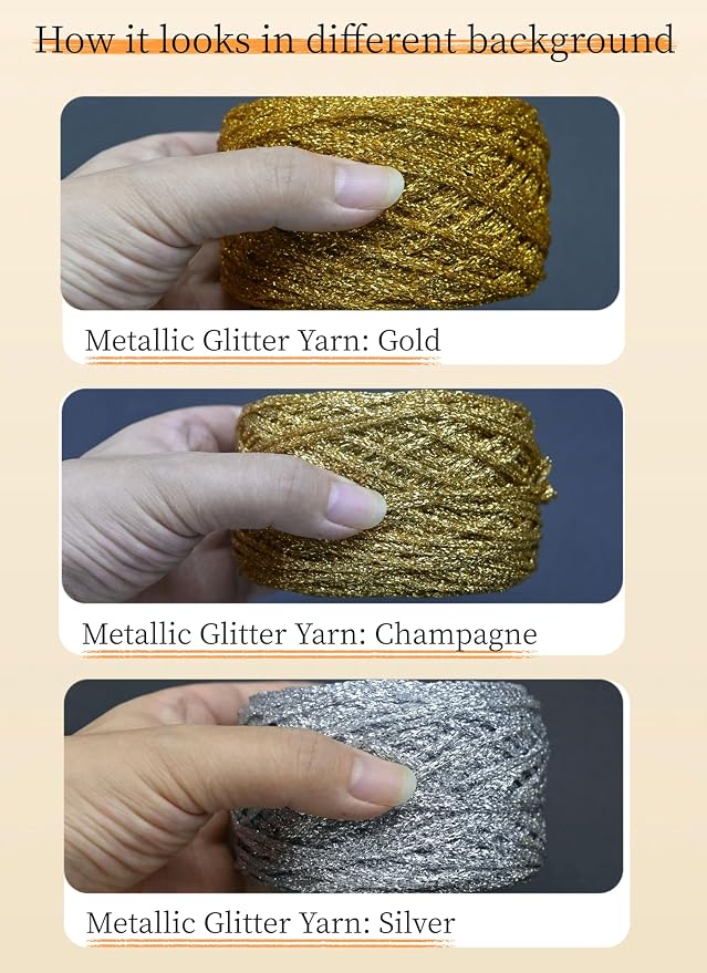 Metallic Glitter Yarn for Crochet & Knitting, Fine 2 Light Weight Worsted for Crochet Knitting, 35g 1.23oz, 145 Yards Soft Craft Sparkle Yarn (Champagne)