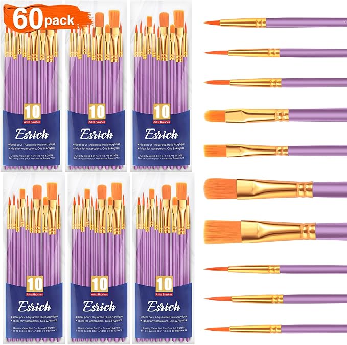 ESRICH 60PCS Paint Brushes, Paint Brush for Acrylic Painting | Artist Paintbrushes for Oil Watercolor, Body Face Rock Canvas, Small Paint Brushes for Kids,Purple