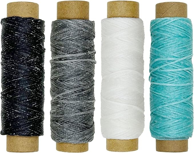 4 PCS Leather Sewing Waxed Thread, Each of 33 Yards 150D Sewing Thread Cord for Leather Craft DIY Supplies, Shoes Repairing, Black, Dark Gray, White, Blue