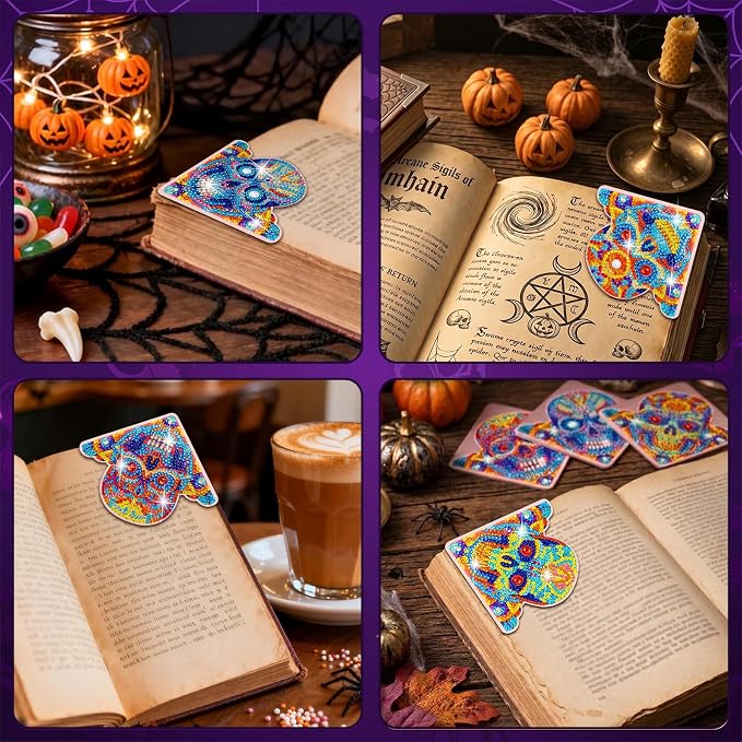 WIVICO 4Pcs Diamond Painting Bookmarks, Diamond Pearl Art Kits for Adults | DIY Diamond Dots Paint By Numbers Kit,Gifts for Book Lovers(Halloween Skull)