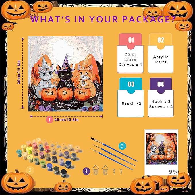 Halloween Paint by Numbers for Adults, Witch Cats Paint by Number on Canvas