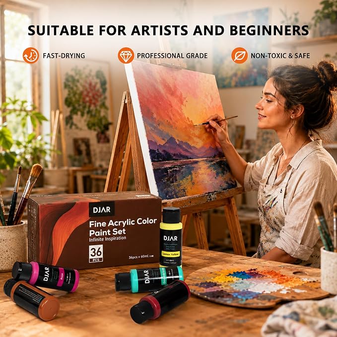 DJAR 36 Colors Acrylic Paint Set for Artists Beginners, 2 fl oz/60ml | Rich Pigments Colors Painting Supplies, Waterproof & Fast Dry, Works on Canvas, Rocks, Wood, Ceramic & Fabric, Safe Non-Toxic