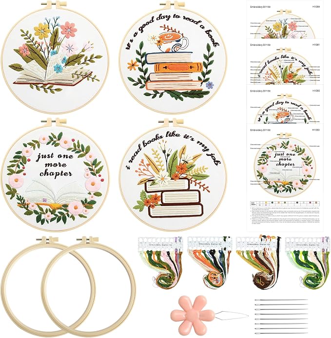 ElasignShopo 4 Set Embroidery Kit for Beginners Adults Book Lovers Embroidery Starter Kit Books Flowers Pattern Hand Crewel Cross Stitch Kits Includes Instruction 2 Hoops Color Threads Needles