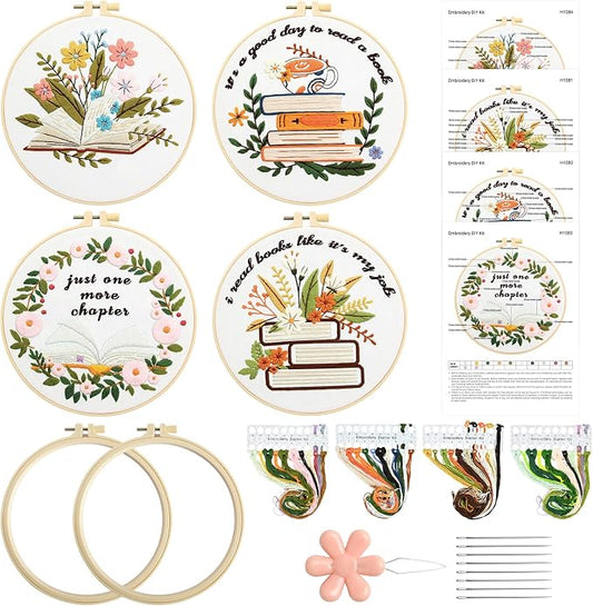 ElasignShopo 4 Set Embroidery Kit for Beginners Adults Book Lovers Embroidery Starter Kit Books Flowers Pattern Hand Crewel Cross Stitch Kits Includes Instruction 2 Hoops Color Threads Needles