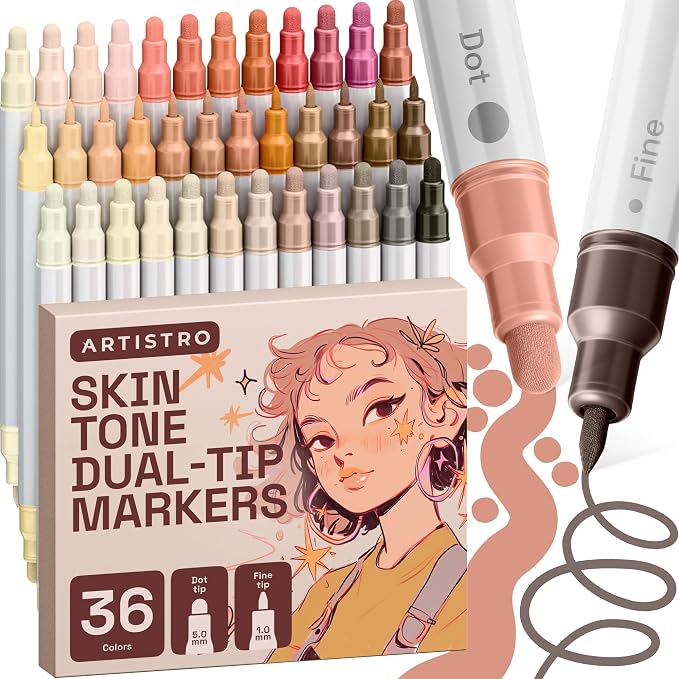 ARTISTRO Skin Tones Dual-Tip Acrylic Paint Marker Pens - Set of 36 | For Fabric, Rock, Glass, Wood, & Coloring Books, Arts & Crafts Gift, Classroom Must Haves & School Supplies (Dot & Fine Tips)