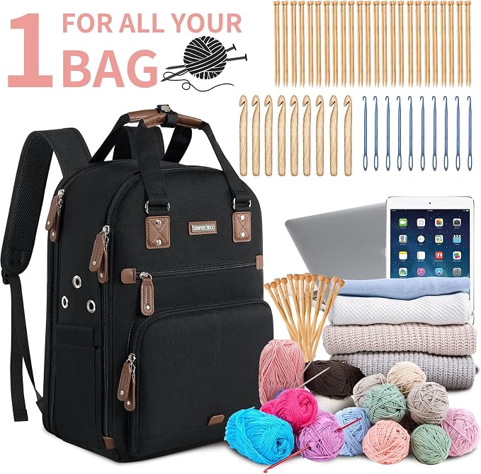 SINVICKO Crochet Bag, Knitting Bag Backpack and Totes Organizer with USB Charging Port, Large Yarn Storage Tote Bag