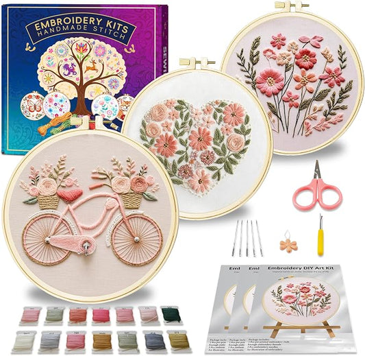 Huacan Embroidery Kit for Beginners with Tutorial Video & Gift Box | DIY Pre-printed Floral Patterns, 7.9×7.9 inch Fabric, Complete Embroidery Supplies with Gift Box for Starters & Craft Lovers