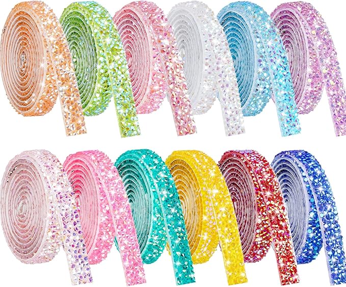NiArt 12 Rolls Self Adhesive Rhinestone Ribbon 12 Yards DIY Candy Colors