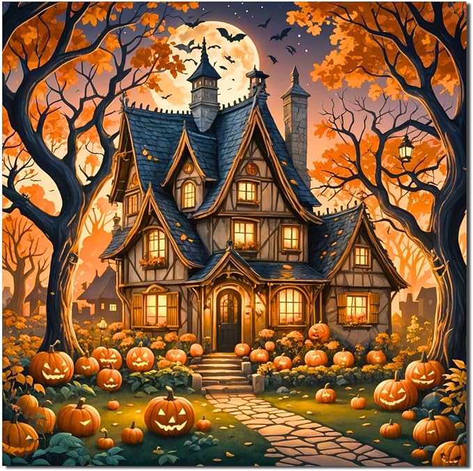 YarnWhimsy Halloween House Paint by Numbers Kit for Adults 16x16 inch