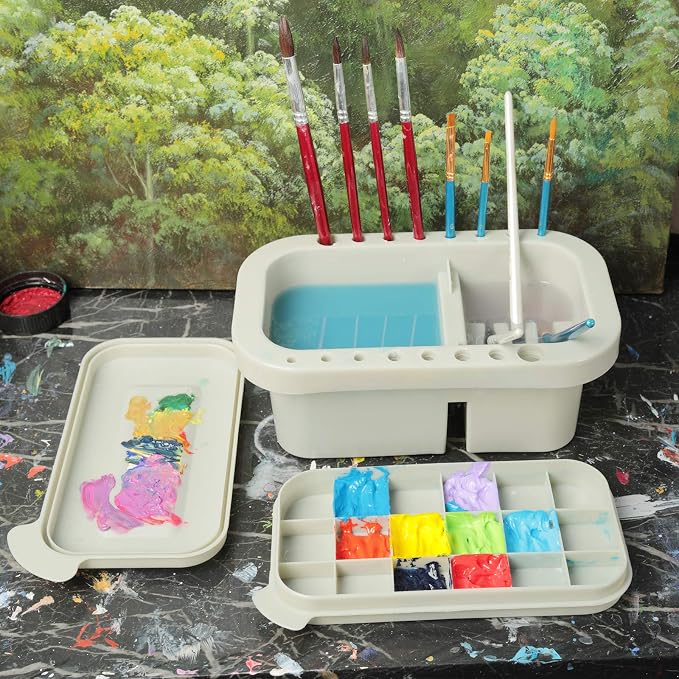 MyLifeUNIT Paint Brush Cleaner, Paint Brush Holder with Palette, Grey | 18 mixing wells, 16 slots fitting 0.24-0.63 in diameters, 3 washing compartments, removable tray lid