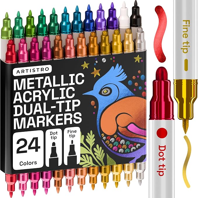 ARTISTRO Metallic Dual-Tip Acrylic Paint Marker Pens - Set of 24 | For Fabric, Rock, Glass, Wood, & Coloring Books, Arts & Crafts Gift, Classroom Must Haves & School Supplies (Dot & Fine Tips)
