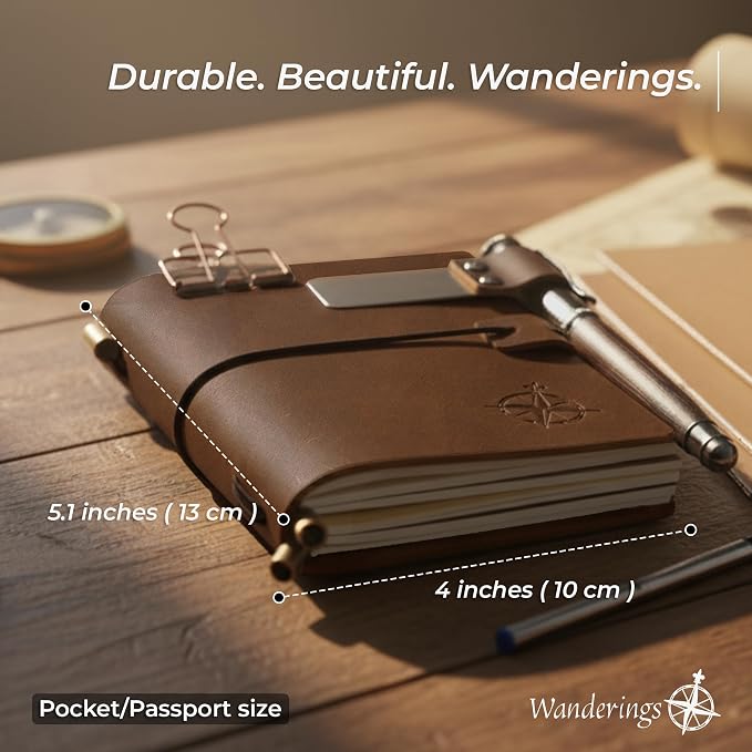 WANDERINGS Pocket Size Travelers Notebook Bundle – 4" x 5.1" (10 x 13cm) – Genuine Leather Journal with Pen Holder, Pen, 2 Ink Refills, PVC Folder & Binder Clip