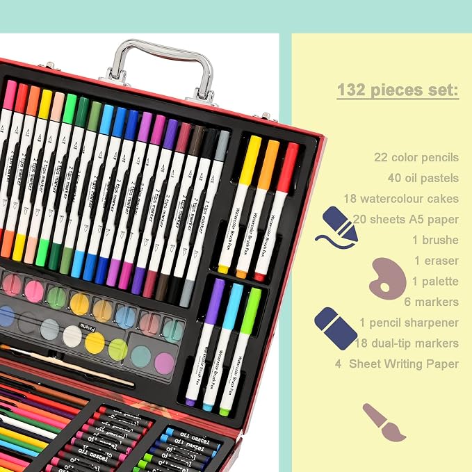 Darnassus 132-Piece Art Set, Deluxe Professional Color Set, Creating Gift Box, Art Set Crafts Drawing Painting Christmas Kit for Kids and Adult, Girls Boys