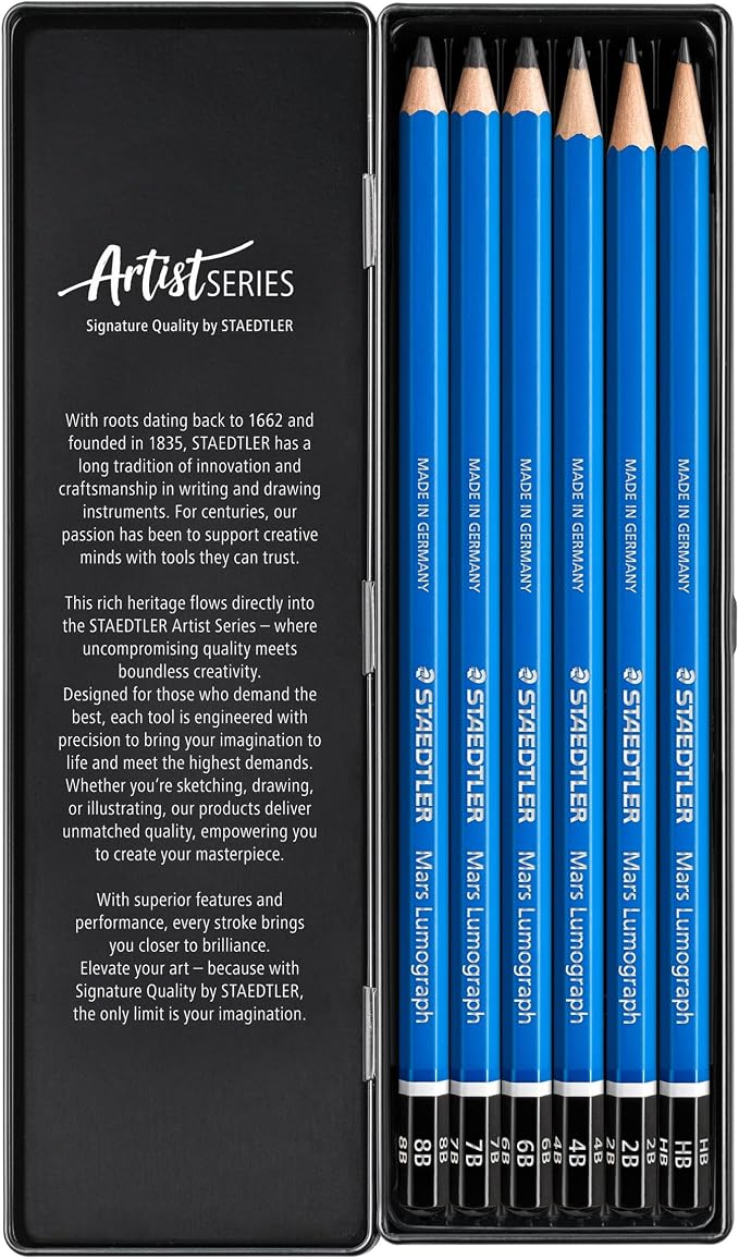 STAEDTLER Mars Lumograph Graphite Pencil Set: 6 Count (8B, 7B, 6B, 4B, 2B, HB) | Set of 6 Degrees in an Attractive Storage Tin (100G6)