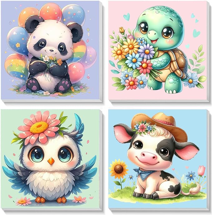 4 Pack Animal Paint by Number for Kids with Wooden Frame - Wooden Easel | Paint by Numbers for Kids Ages 4-8-12, Easy Panda Sea Turtle Owl Cow DIY Oil Painting Kits for Home Wall Decor (8X8 inch)