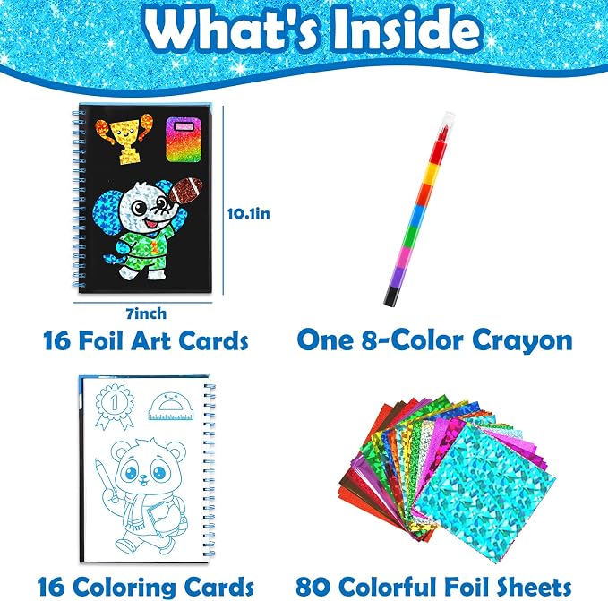 FUNNYB&G Foil Art Craft Kit for Kids, Sparkly Birthday Gift Toy for Boys | No Mess, Kids Ages 4-10 Create Sparkling Artwork, A Creative Gift for Birthdays, Holidays, Travel Activities,Screen-Free Fun