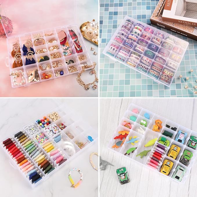 Bead Organizer Storage 2 Pack 36 Grid Jewelry Tackle Craft Box Adjustable | Clear Plastic, Adjustable Dividers, Label Stickers Included, for Beads Jewelry Crafts Fishing Tackle and Small Parts