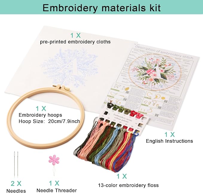 Harimau Letter A Pattern Embroidery Kit for Adult Beginners, Complete Starter Pack with 1 Hoop, Needles, Instruction Guide & Embroidery Stitch Video Tutorials