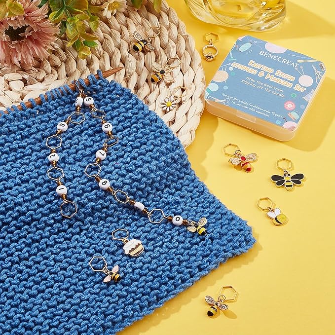 BENECREAT 11Pcs Bee Stitch Marker Charms, Honey Pot Daisy Enamel Charm Locking Stitch Markers, Acrylic Number Knitting Row Counter Chains with Hexagon Ring for Knitting Weaving Sewing Accessories