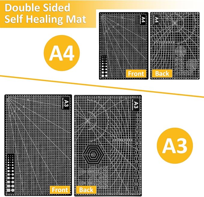 2 Pcs Large Cutting Mat Self Healing,Double Sided,Grid Line And Angles Help To Cut Precisely,Craft Mats for Scrapbooking, Quilting, Sewing and All Arts,Non Slip & Easy Clean ((A3 & A4 Black)