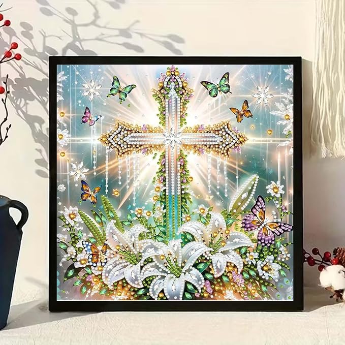 GEMOUJ Cross Flower Diamond Painting Kits for Adults,5D Cross Jesus Diamond Art Kits for Adults Beginners,DIY Special Shaped Diamonds Dot Art Paintings for Home Wall Decor 12 X 12 inch