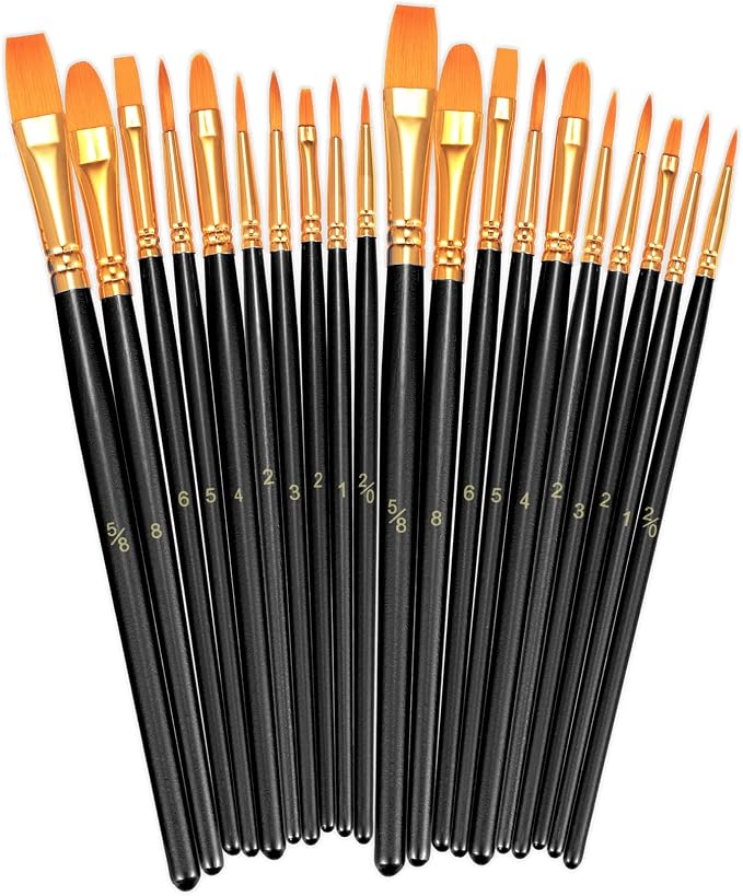 BOSOBO Paint Brushes Set, 20 Pcs Small Paint Brush Kit Round Flat Tip Nylon Hair, for Acrylic Painting, Watercolor, Oil Painting, Kids Face Nail Art Canvas Rock Craft, Art Supplies, Black