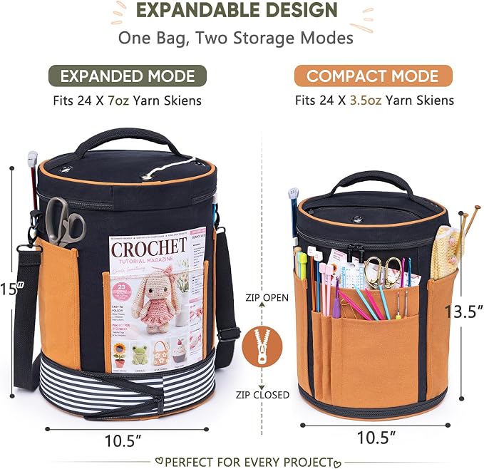 Canvas Yarn Storage Organizer with Removable Dividers, Crochet&Knitting Bag | Expandable canvas yarn organizer with removable dividers, yarn feed holes, project storage and multiple tool pockets