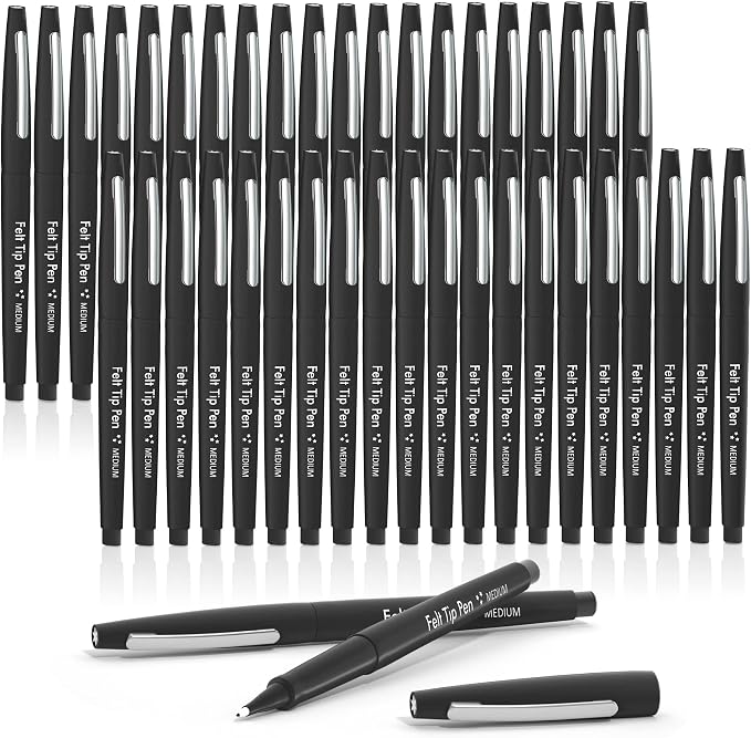 Lelix Felt Tip Pens, 40 Black Pack, 0.7mm Medium Point, Felt Tip Markers Pens for Journaling, Writing, Note Taking, Planner, Perfect for School Office and Art Supplies
