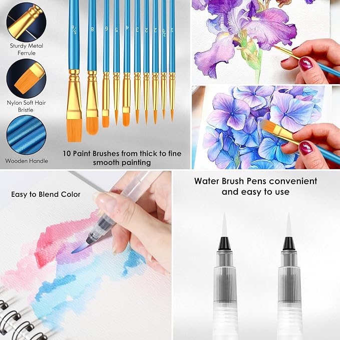 Taotree 48 Watercolor Paint Set with 10 Paint Brushes and Watercolor Book | Watercolor Workbook, Watercolor paper, Water Coloring Book with Palette, Drawing Pad, Painting Art Supplies for Adults Artist