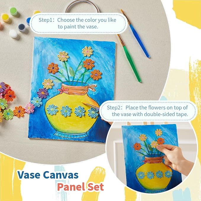 DIY Vase Pre Drawn Canvas Painting Kit, 3-Pack 8x10 Inch Canvas Panels, 40 Tassel Flowers, 8 Acrylic Paints, 3 Brushes & Double-Sided Tape, Creative Art Kit for DIY Projects & Crafting Fun