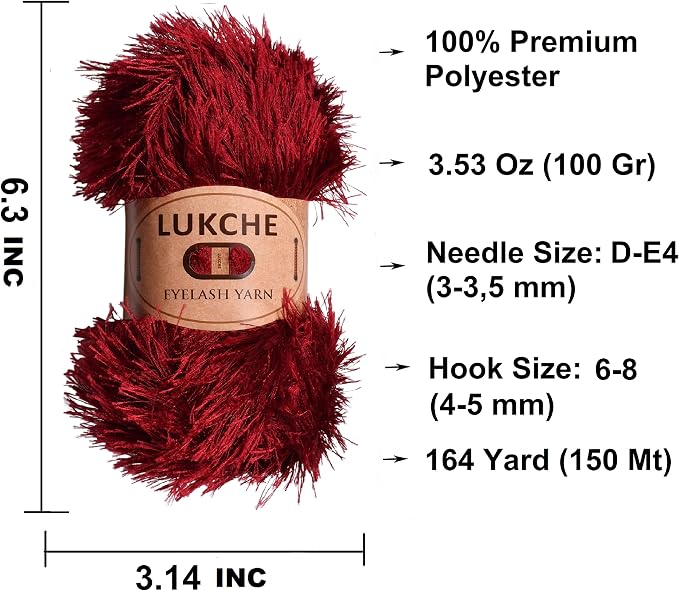 Eyelash Fun Fur Yarn Premium 100% Polyester 164 Yds (150 Mt), 3.53 Oz (100 Gr) Colorful Crochet Yarn Dıy Hand Knitting. (Burgundy, 1 Skein)