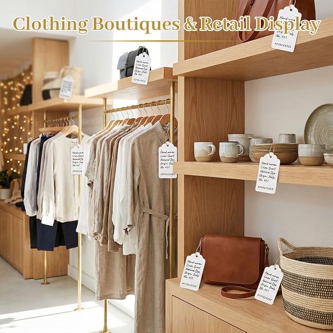 SallyFashion Large White Gift Tags with String, 100 Pack 2 X 4 inch | Scalloped Edge, Natural Jute String, Pre-Punched Design, Retail Price Tags and Wish Tree Cards