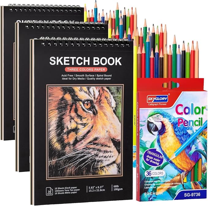 Drawing Sketchbook Kit, A5 Sketch Book with 36 Color Pencils, Three Color Black Sketch Pad, Acid-Free Sketch Pad for Kids, Artist, Art Paper Drawing Supplies for Gifts (5.8×8.3 inch) (Pack of 3)