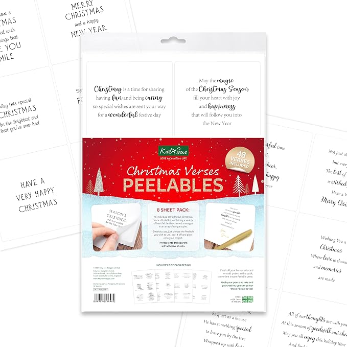 Katy Sue Christmas Verses Peelables Stickers for Christmas Card Making. 48 Peelable Verses & Sentiments/Peel Offs from Katy Sue Designs Card Making Supplies. Each Peel-Off Sticker is 4 x 3.5 inch