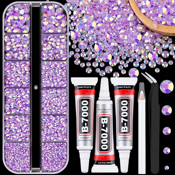 Resin Jelly Rhinestones for Crafting with B7000 Jewelry Glue, 1 Box Light Purple AB Flatback Crystal with 3Pcs 10ml Glue, Bedazzling Non Hotfix Gems for DIY Tumblers Clothing Shoes Manicure