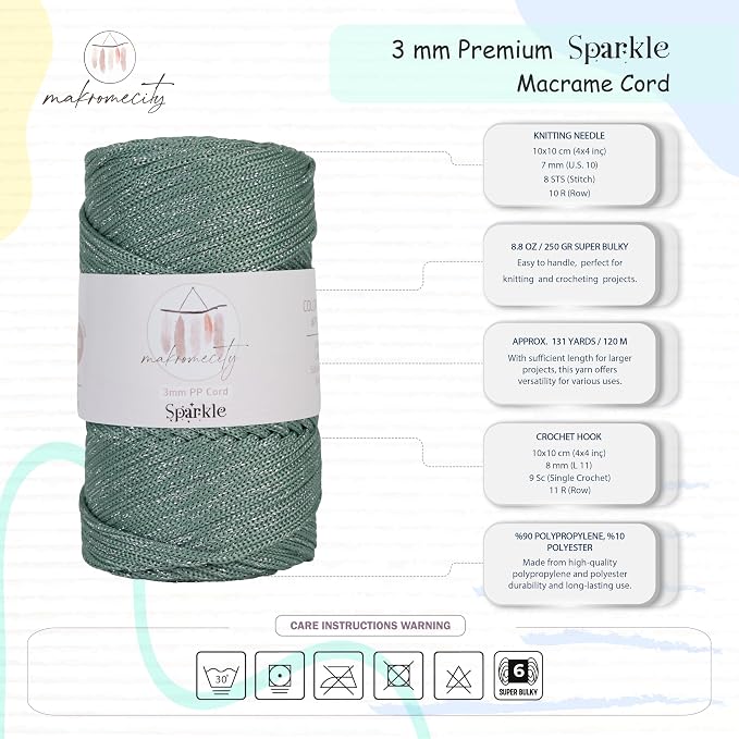 Makromecity Sparkle 2 Skeins of Polypropylene Macrame Cord 3mm x 131 Yards (394 feet) Premium Polyester Macrame Cord for Macrame Art & Crafts for Wall Hangings, Bags, Underplate, Rug