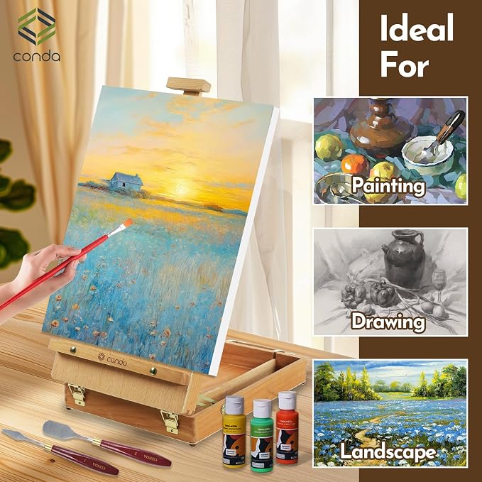 CONDA Premium Wooden Sketch Box Easel - Adjustable Tabletop Art Easel for Painting, Drawing & Sketching, Solid Beech Wood Design with Art Supply Storage, Ideal for Artists, Students & Beginners