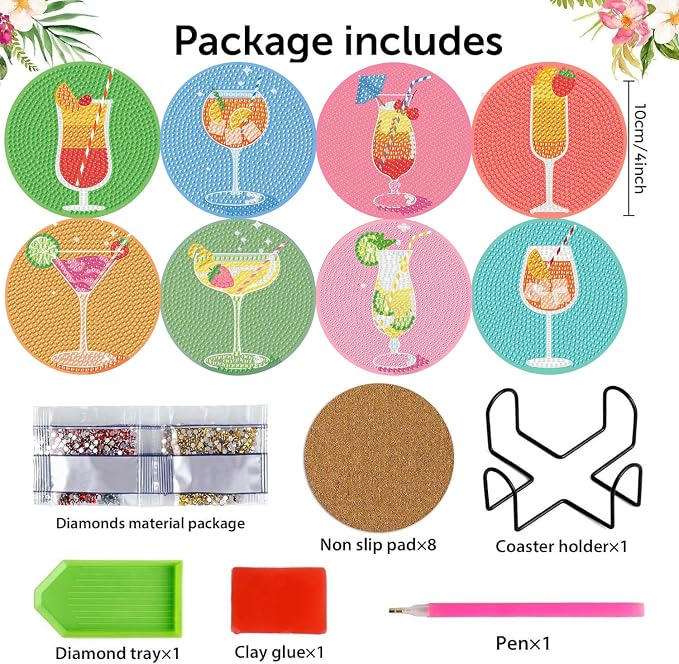 Diamond Art Coasters Kits, 8 Pcs Cocktail Diamond Painting Coasters Kit