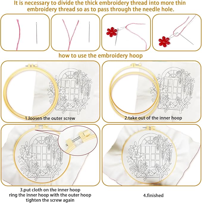 BEUNITONE 6 Set Flowers Embroidery Kit for Beginners Vintage Garden Scene Pre-Stamped Pattern, Needlepoint Kits for Adults Beginners, DIY Handmade Embroidery for Home Decor and Gifts 20x20cm