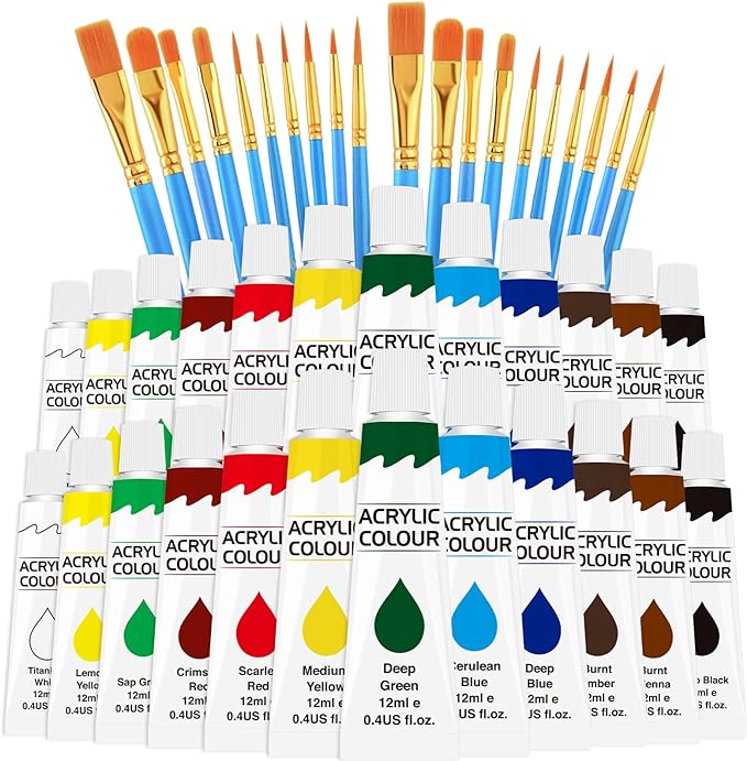 ESRICH Acrylic Paint Set, 12 Colors (2 Pack) with 20 Paint Brushes | 24 Acrylic Paints for Adults, Beginner, Professional Artists, Non-Toxic Craft Paint kit for Paper, Canvas, Rock,Wood, Ceramic