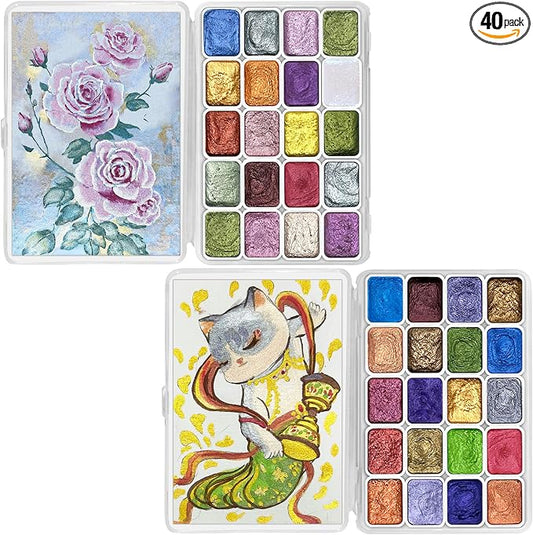 CraftyManor Mini Forestry Shifting Watercolor Painting Set, 40 Color Shifting Watercolor Paints, Shimmer Metallic & Glitter Watercolor Paints, Rococo & DunHuang Style