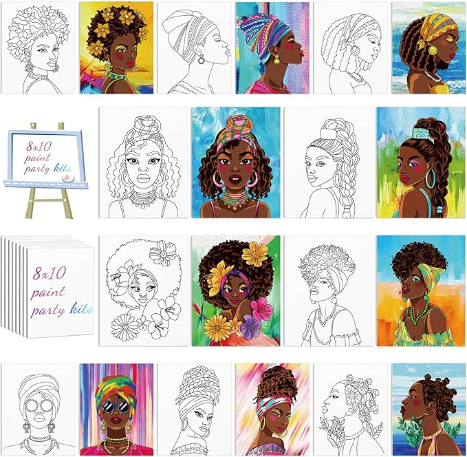 Chuangdi 10 Pcs Afro Queen Pre Drawn Canvas for Painting Pre Printed Paint and Sip Party Supplies 8 x 10 Inch Stretched Outline Board Painting Kit for Adults Beginner Artist DIY