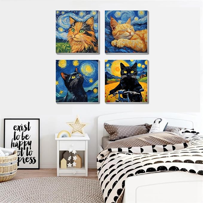 Canrichshop 4 Packs Black Cat Paint by Number Kit for Beginner with Frame,Paint by Numbers Kits on Canvas, DIY Number Painting for Adults for Decor 8X 8 inch