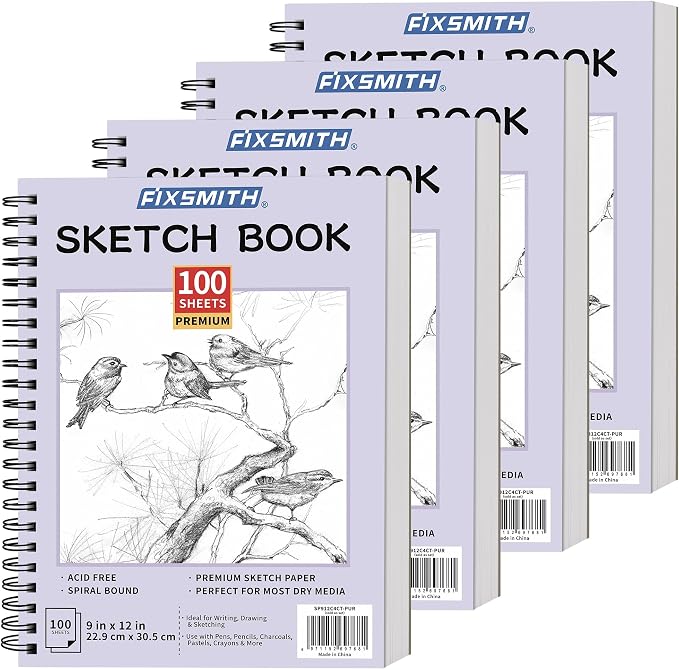 FIXSMITH 9"X12" Sketch Book, 100 Sheets, 68 lb/100gsm,4 Pack Purple | Acid Free Drawing Paper | Spiral Bound Artist Sketch Pad | for Kids, Beginners, Artists & Professionals | Bright White