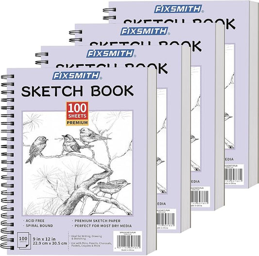 FIXSMITH 9"X12" Sketch Book, 100 Sheets, 68 lb/100gsm,4 Pack Purple | Acid Free Drawing Paper | Spiral Bound Artist Sketch Pad | for Kids, Beginners, Artists & Professionals | Bright White
