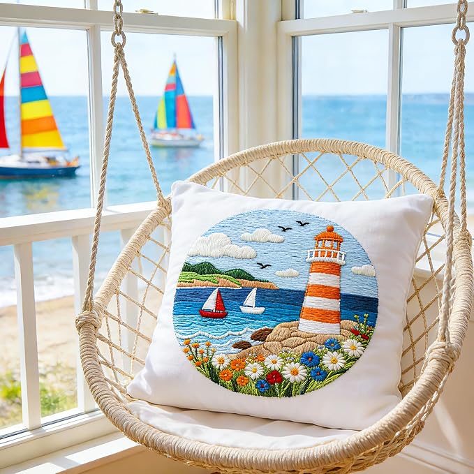 BEUNITONE 6 Set Beginner Embroidery Kit for Adults with Pre-Printed Washable Lighthouse Pattern, DIY Needlepoint Craft Kits for Cloth with Embroidery Hoop and Instruction, Funny Gifts for Home Decor