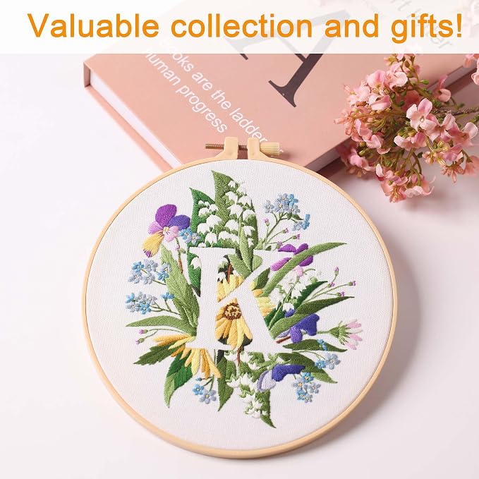 Harimau Letter K Pattern Embroidery Kit for Adult Beginners, Complete Starter Pack with 1 Hoop, Needles, Instruction Guide & Embroidery Stitch Video Tutorials