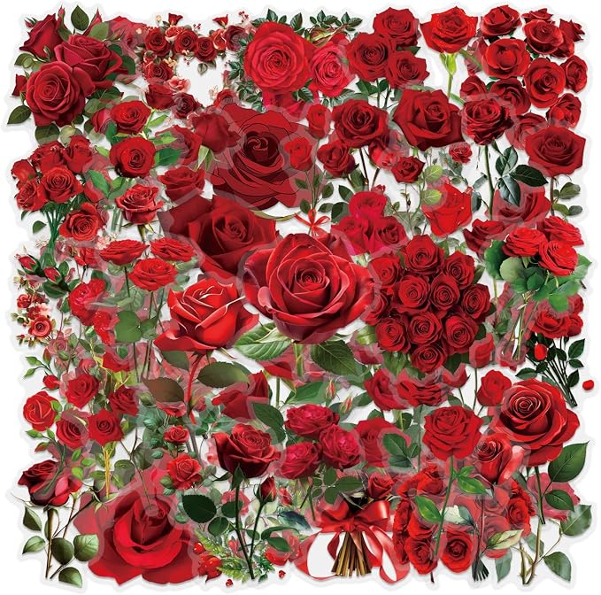 60 Pcs Red Rose PET Transparent Sticker | Self-Adhesive Scrapbooking Stickers Supplies Journal Stuffers for Card Making Letters DIY Water Bottles,Laptop,Guitar,Phone